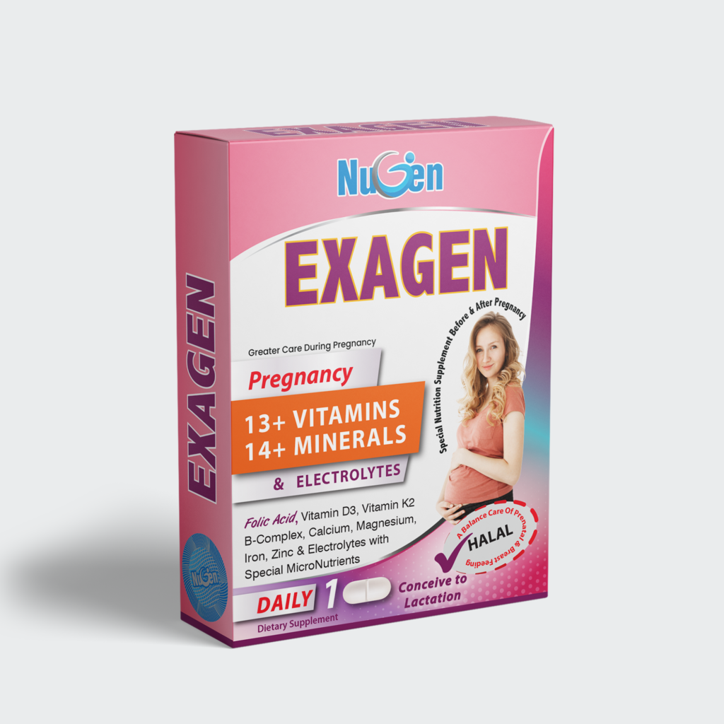 EXAGEN is a complete multivitamin & mineral for women's health, conception, pregnancy & breastfeeding. Provides Folic Acid, Iron Bisglycinate, Vitamins & Minerals to support healthy pregnancy & fetal development.
Composition: Vitamins A, C, D3, E, K2, B-Complex with Folic Acid 200mcg & B12 100mcg, Calcium, Iron, Zinc, Selenium & other essential minerals.