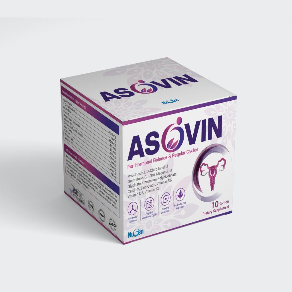 ASOVIN Sachet – Advanced PCOS Formula with Myo-Inositol 4000mg + D-Chiro-Inositol 100mg (40:1) + Quatrefolic 800mcg + CoQ10 100mg + Calcium 500mg + Magnesium Glycinate 350mg + Zinc + D3 + K2 + B12 + Chromium.
Supports ovarian health, ovulation, insulin metabolism, follicular development, egg quality & bone health – 10 Sachets.