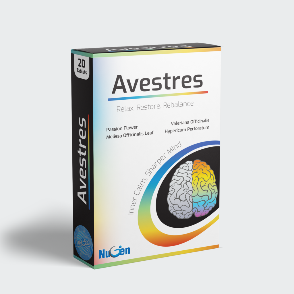 AVESTRES Tablet – Botanical Stress & Sleep Support with Valerian 200mg + Lemon Balm 100mg + St. John’s Wort 100mg + Passion Flower 100mg.
Supports relaxation, nervous tension, stress-related sleep difficulties, mood & mental calmness.