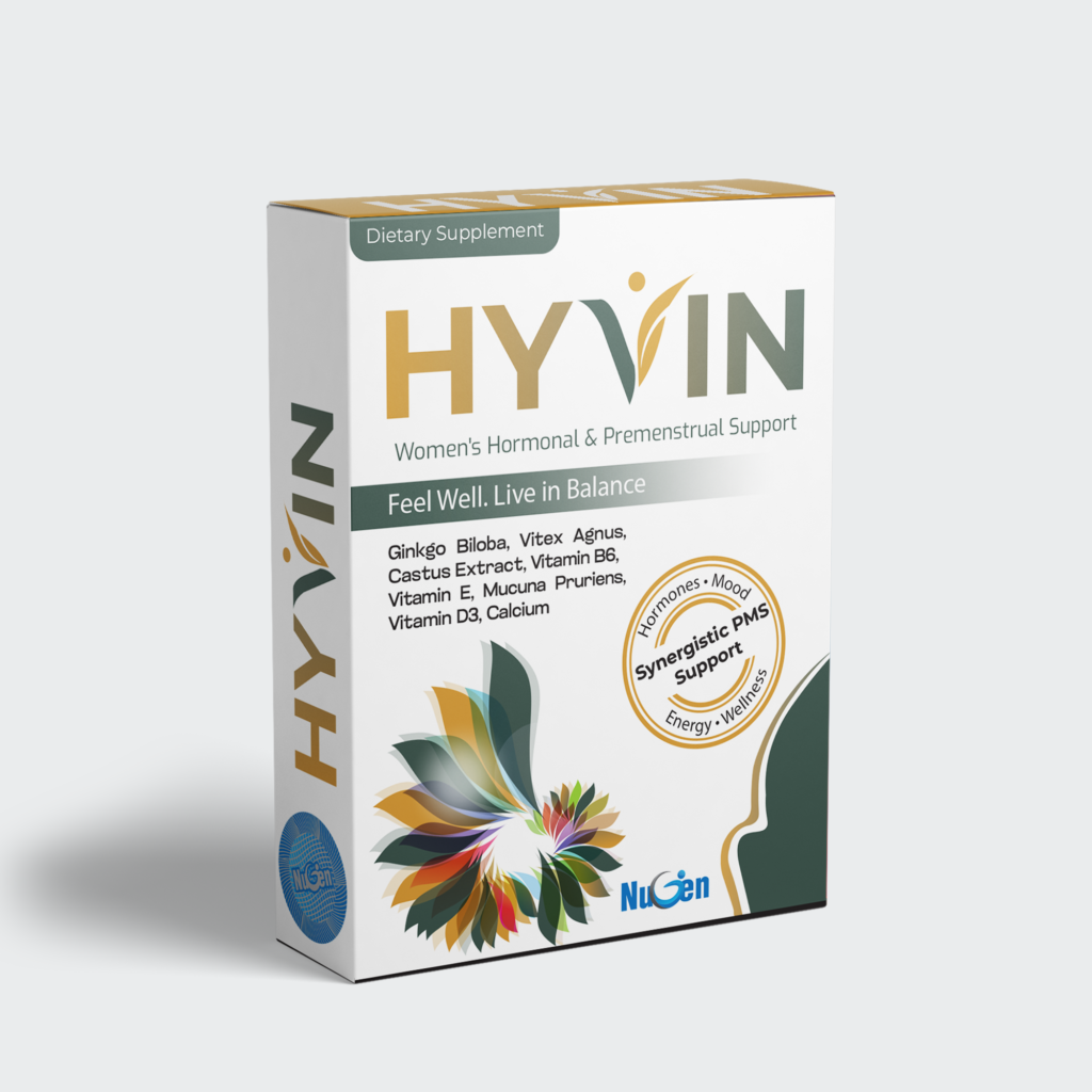 HYVIN Tablet – PMS & Hormonal Support with Vitex 40mg + Mucuna 150mg + Vitamin B6 34mg + Magnesium 100mg + Calcium 100mg + Vit E + Zinc + D3 + Ginkgo. Supports hormonal balance, mood, irritability, breast tenderness & emotional well-being.