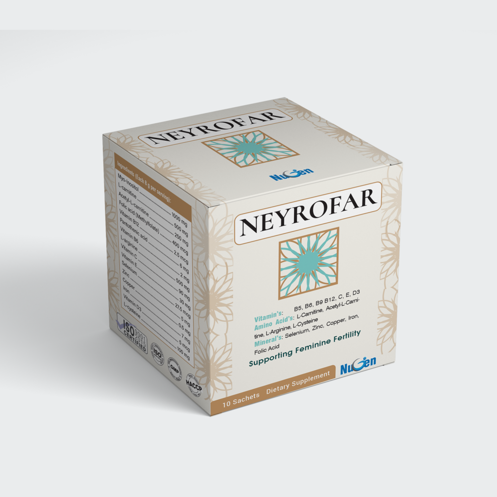 NEYROFAR Sachet – Female Fertility & Reproductive Wellness with Myo-Inositol 1000mg + L-Carnitine 500mg + L-Arginine 500mg + L-Cysteine 100mg + Methylfolate 400mcg + Iron 7mg + Vitamins C, E, D3, B6, B12 + Zinc + Selenium + Copper.
Supports ovarian function, oocyte health, energy metabolism & preconception nutrition.