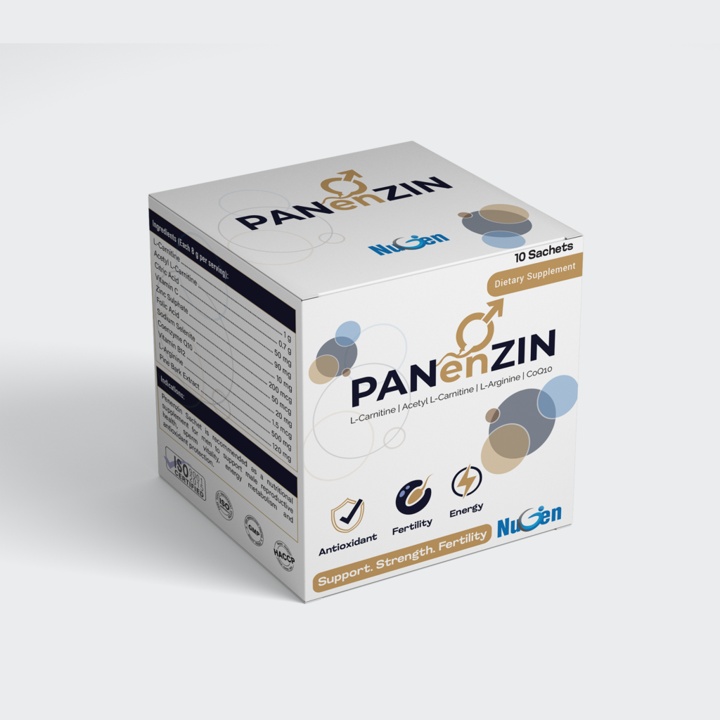 PANENZIN Sachet – Male Fertility & Sperm Health with L-Carnitine 1gm + Acetyl L-Carnitine 700mg + L-Arginine 500mg + CoQ10 20mg + Pine Bark 120mg + Zinc + Selenium + Folic Acid + B12 + Vitamin C.
Supports sperm motility, count, morphology, antioxidant protection & male vitality.