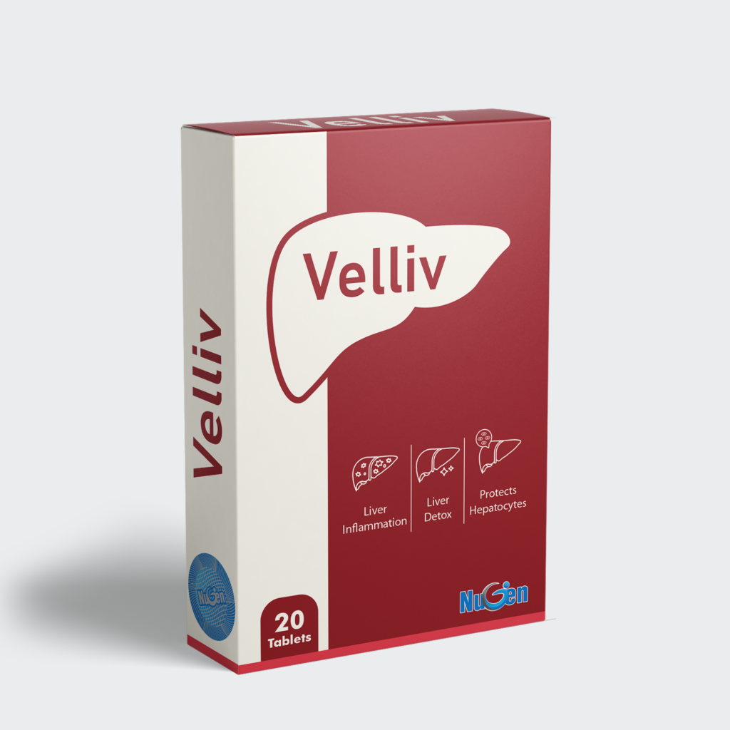 VELLIV Tablet – Liver Support & Antioxidant Protection with Milk Thistle 300mg + Dandelion 100mg + Turmeric 100mg + Artichoke 100mg + Beetroot 50mg + Burdock 50mg + Choline 12mg.
Supports fatty liver, hepatic lipid metabolism, bile flow, digestion & oxidative stress defense.