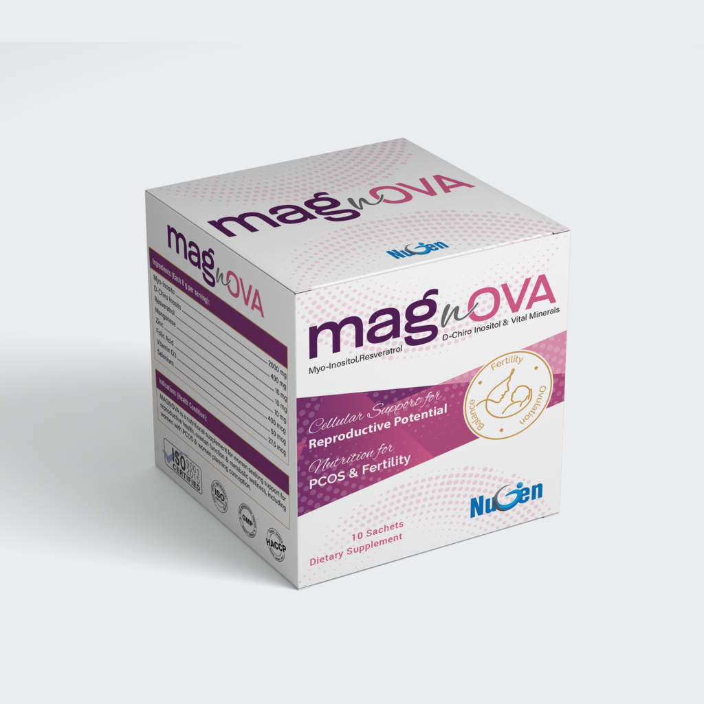 MAGNOVA Sachet – PCOS & Reproductive Wellness with Myo-Inositol 2000mg + D-Chiro Inositol 400mg + Resveratrol 10mg + Vitamin D3 2000 IU + Folic Acid 400mcg + Zinc 10mg + Selenium + Manganese.
Supports ovarian health, hormonal balance, cycle regularity, ovulation & fertility – 10 Sachets.